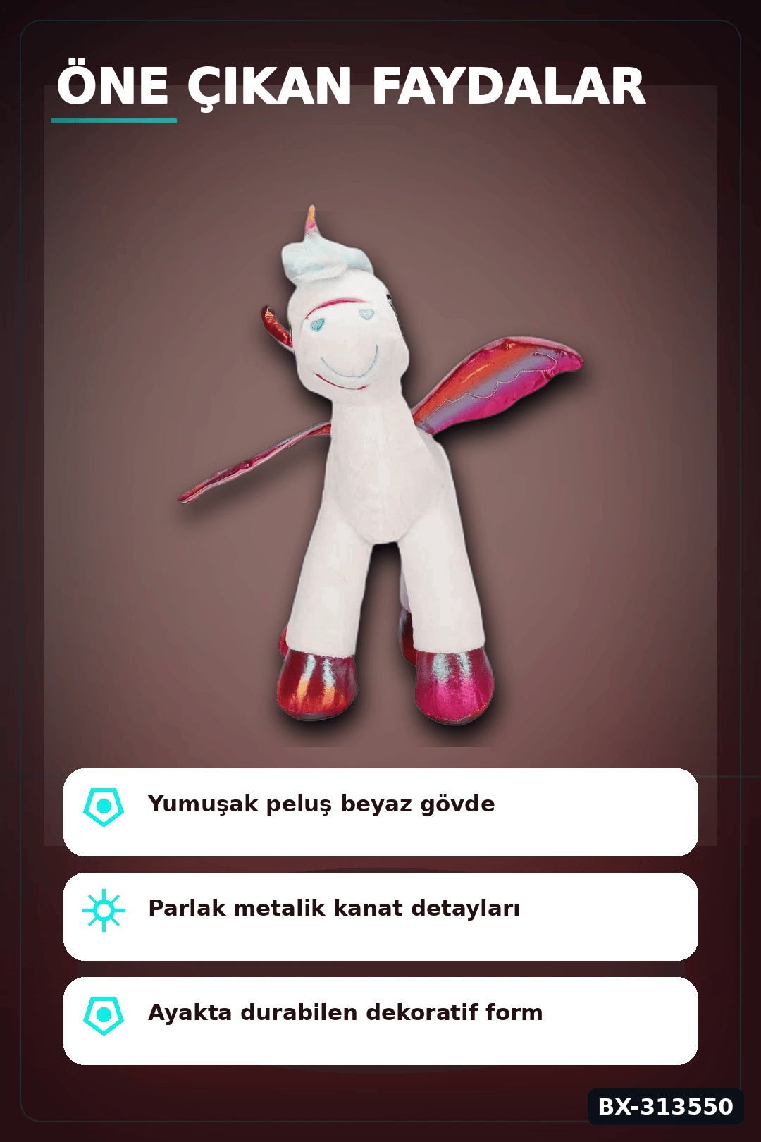 42 Cm Yumuşak Peluş Kanatlı Unicorn At Figürü Rengarenk Hediye Peluş Oyuncak BX-313550