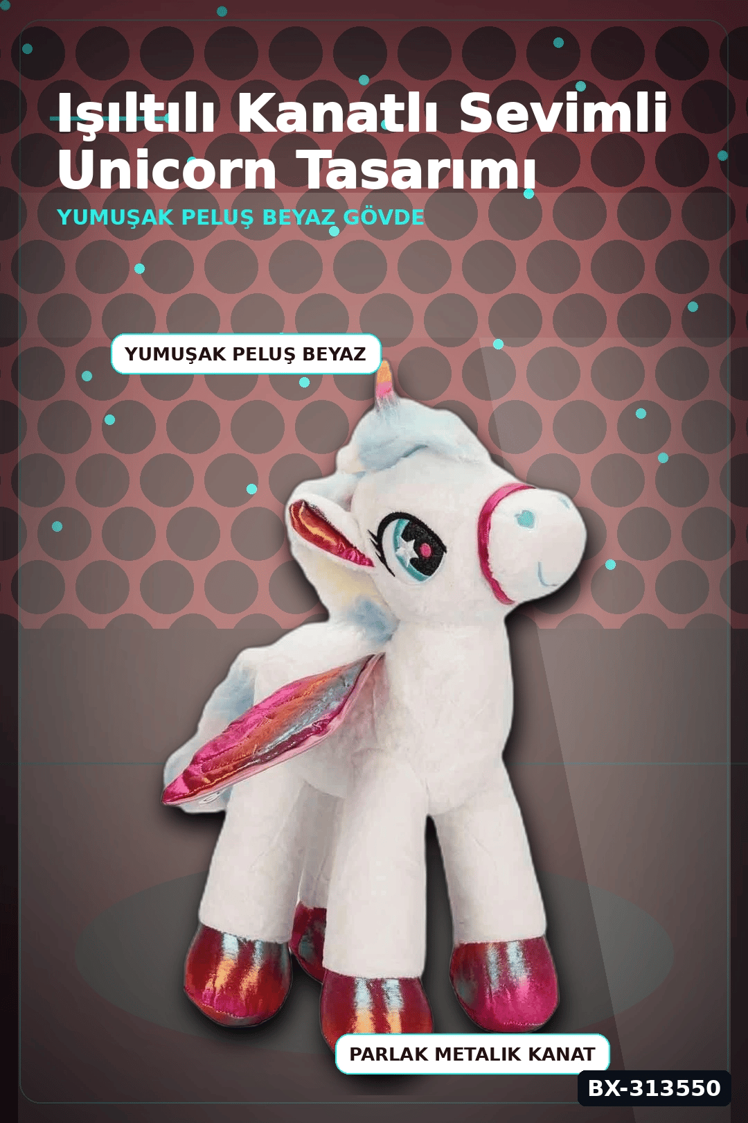 42 Cm Yumuşak Peluş Kanatlı Unicorn At Figürü Rengarenk Hediye Peluş Oyuncak BX-313550