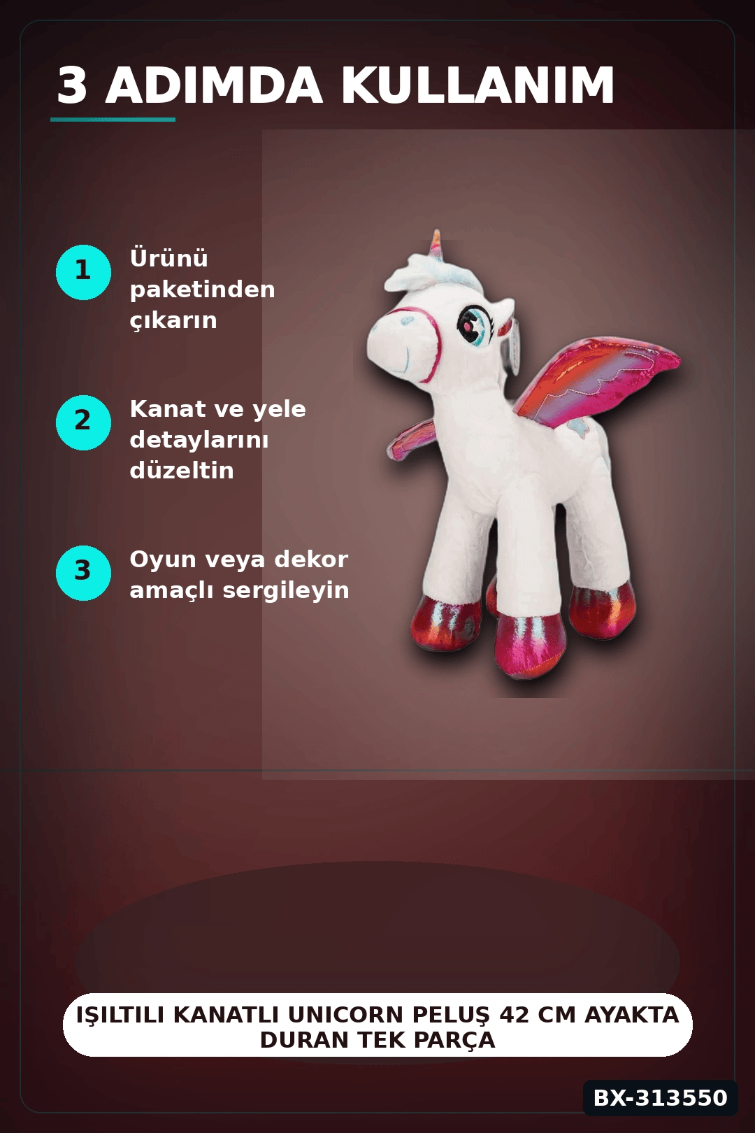 42 Cm Yumuşak Peluş Kanatlı Unicorn At Figürü Rengarenk Hediye Peluş Oyuncak BX-313550