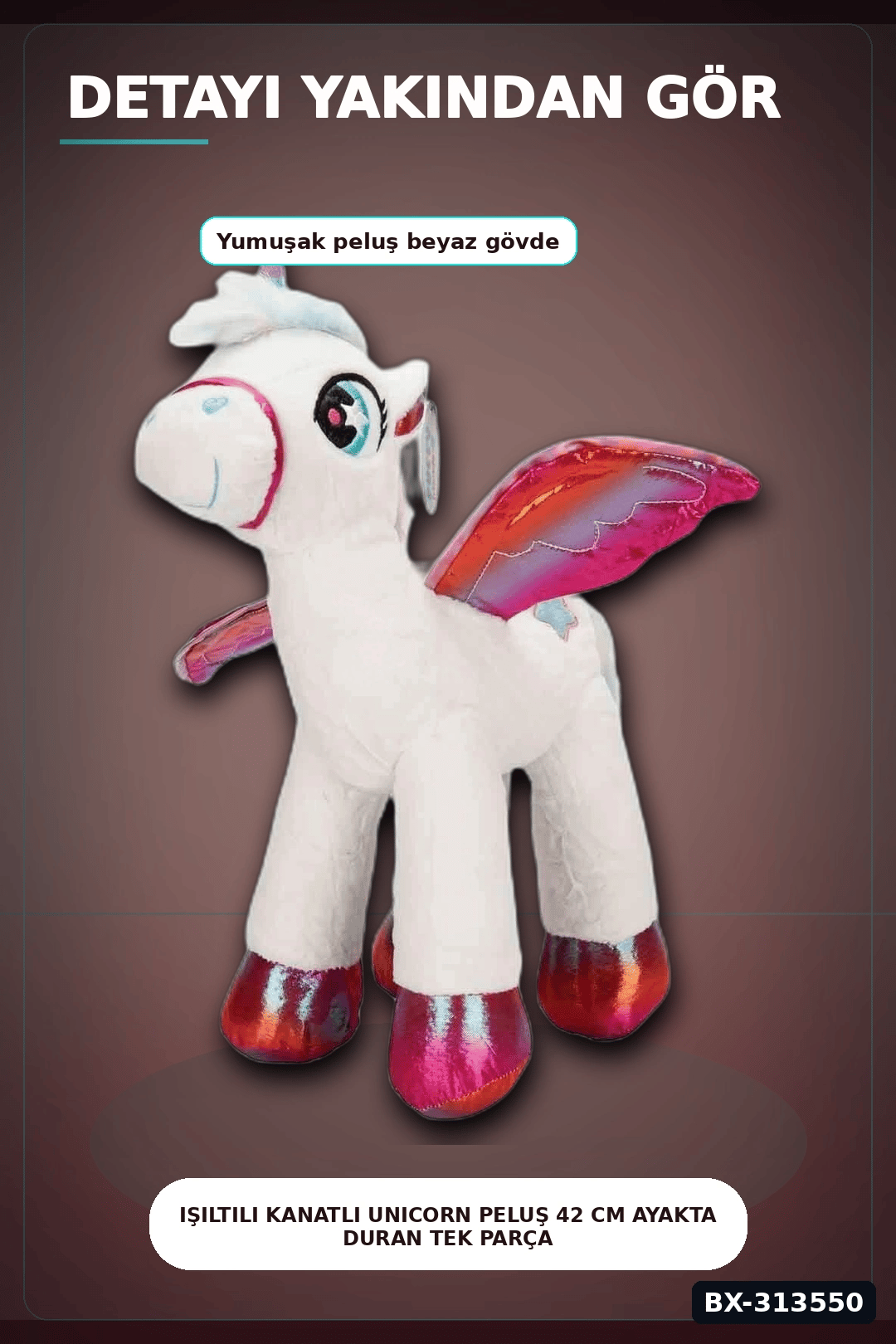 42 Cm Yumuşak Peluş Kanatlı Unicorn At Figürü Rengarenk Hediye Peluş Oyuncak BX-313550