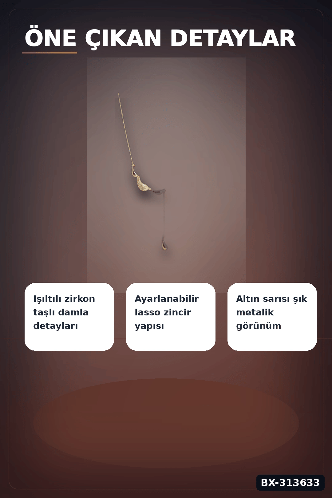 45 Cm Pirinç Gold Renk Zirkon Taşlı Damla Model Kadın Kolye - Tek Parça Takı BX-313633