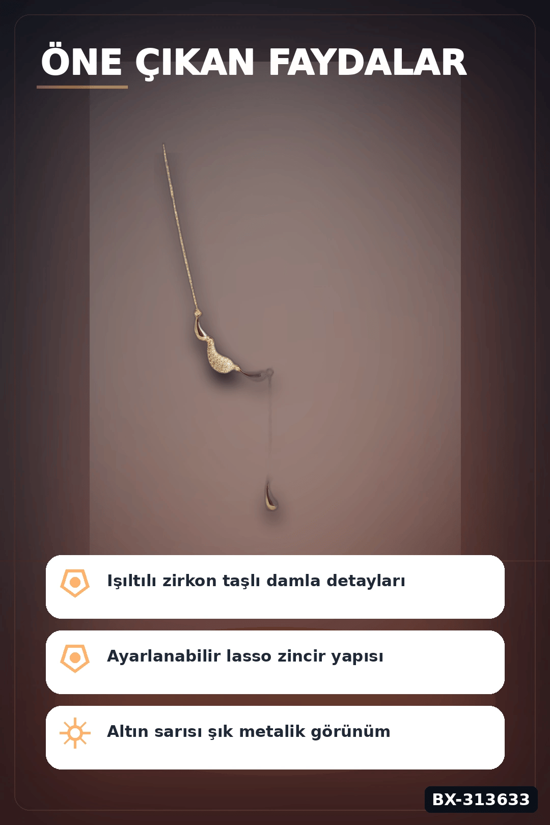 45 Cm Pirinç Gold Renk Zirkon Taşlı Damla Model Kadın Kolye - Tek Parça Takı BX-313633