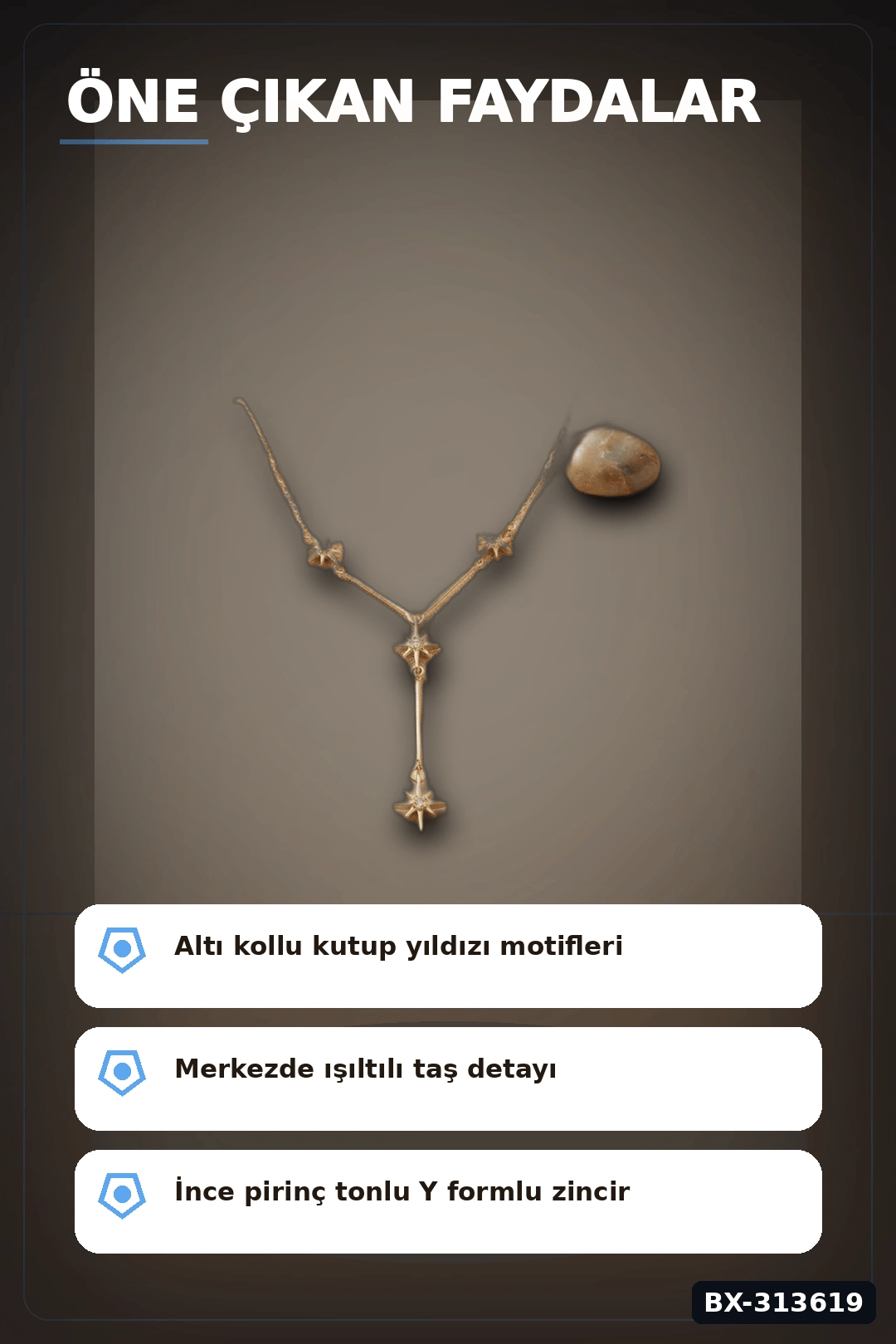 45 Cm Zincirli Pirinç Kutup Yıldızı Kolye - Zirkon Taşlı Kadın Bijuteri Takı BX-313619