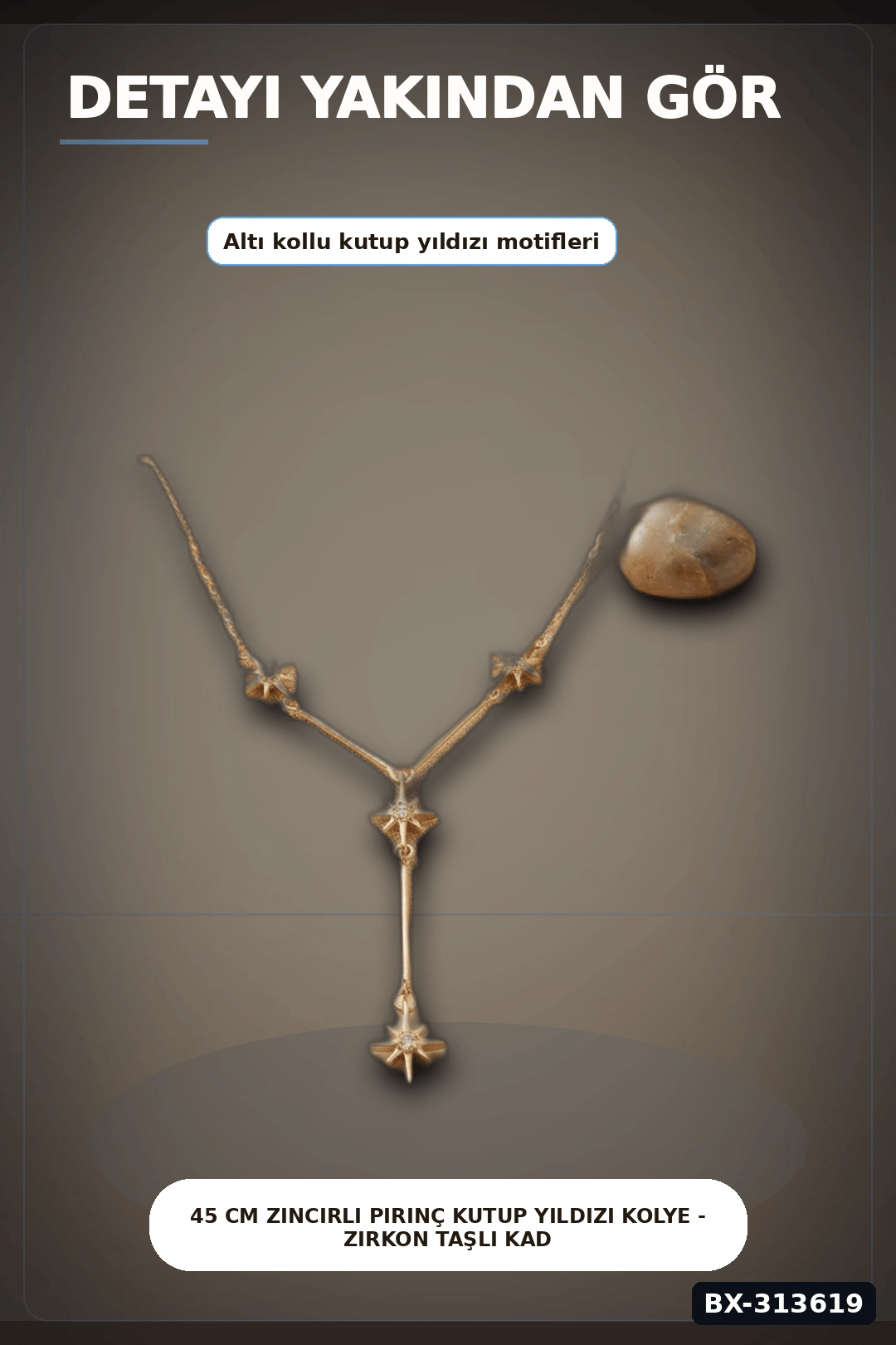 45 Cm Zincirli Pirinç Kutup Yıldızı Kolye - Zirkon Taşlı Kadın Bijuteri Takı BX-313619