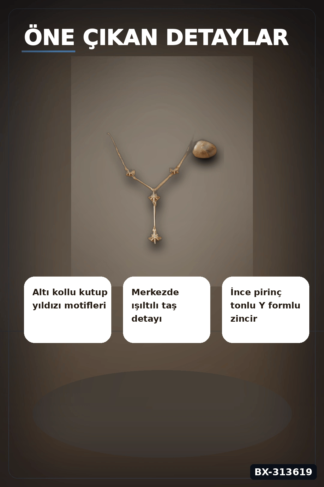45 Cm Zincirli Pirinç Kutup Yıldızı Kolye - Zirkon Taşlı Kadın Bijuteri Takı BX-313619