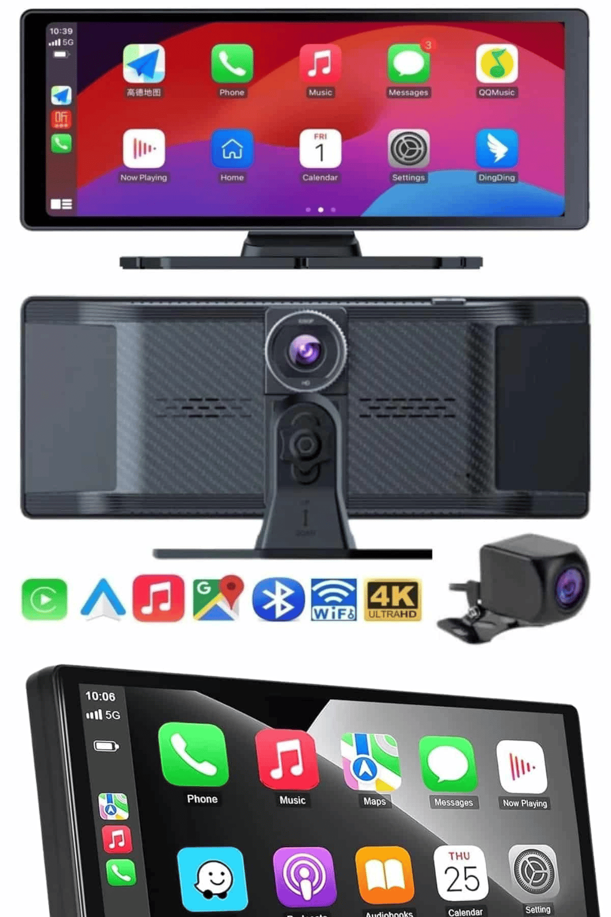4K 10.2 İnç Çift Kameralı Araç Multimedya Ekranı CarPlay Kablosuz Tüm Cihazlara Uyumlu