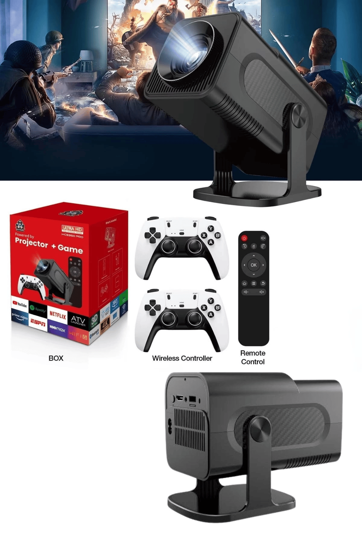 4K Android Smart Wi-fi Çift Kollu Projeksiyon Game Box Kumandalı Taşınabilir
