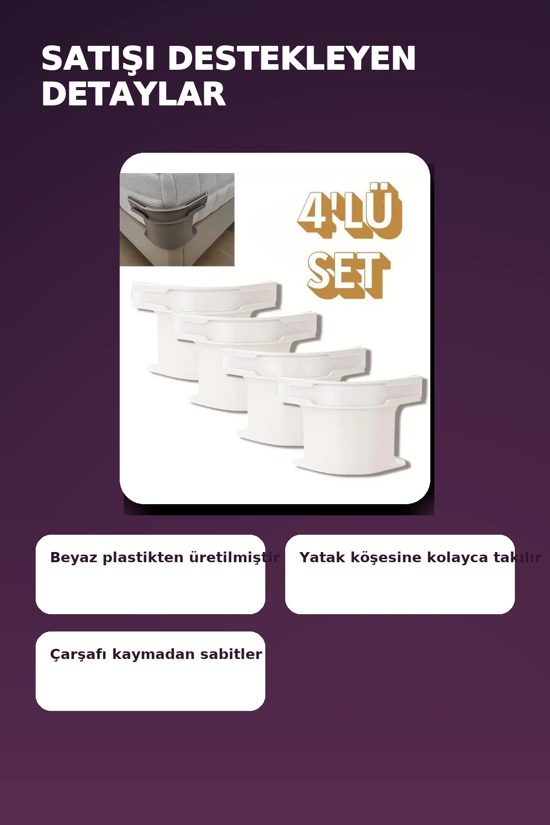 4'lü Beyaz Plastik Yatak Çarşaf Sabitleyici Klips Seti