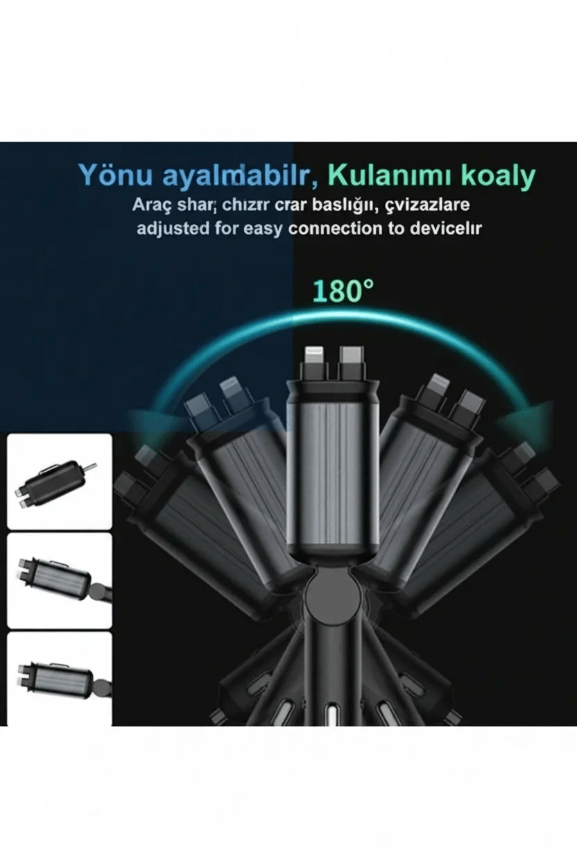 4’ü 1 Arada Araç Çakmaklık Şarj Cihazı 66W Type-C Hızlı Şarj Çift USB Telefon Şarj Geri Çekilebilir Kablo
