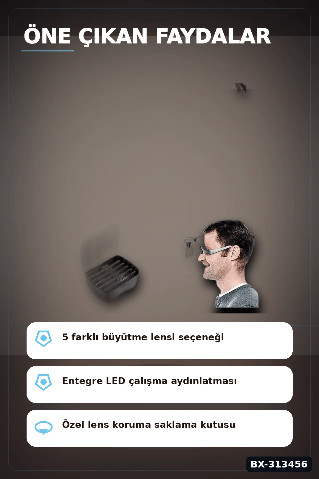 5 Lensli 2 LED Işıklı Büyüteç Gözlük - Ayarlanabilir Pilli Model, Hobi ve Tamir İçin BX-313456