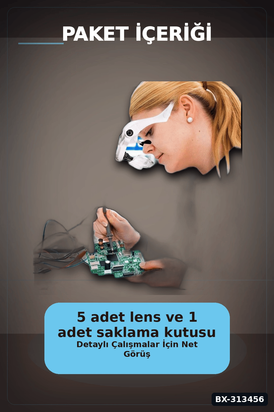 5 Lensli 2 LED Işıklı Büyüteç Gözlük - Ayarlanabilir Pilli Model, Hobi ve Tamir İçin BX-313456
