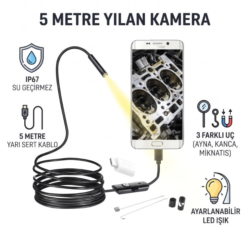 5 Metre Yılan Kamera - LED Işıklı - IP67 Su Geçirmez - 3 Farklı Başlıklı