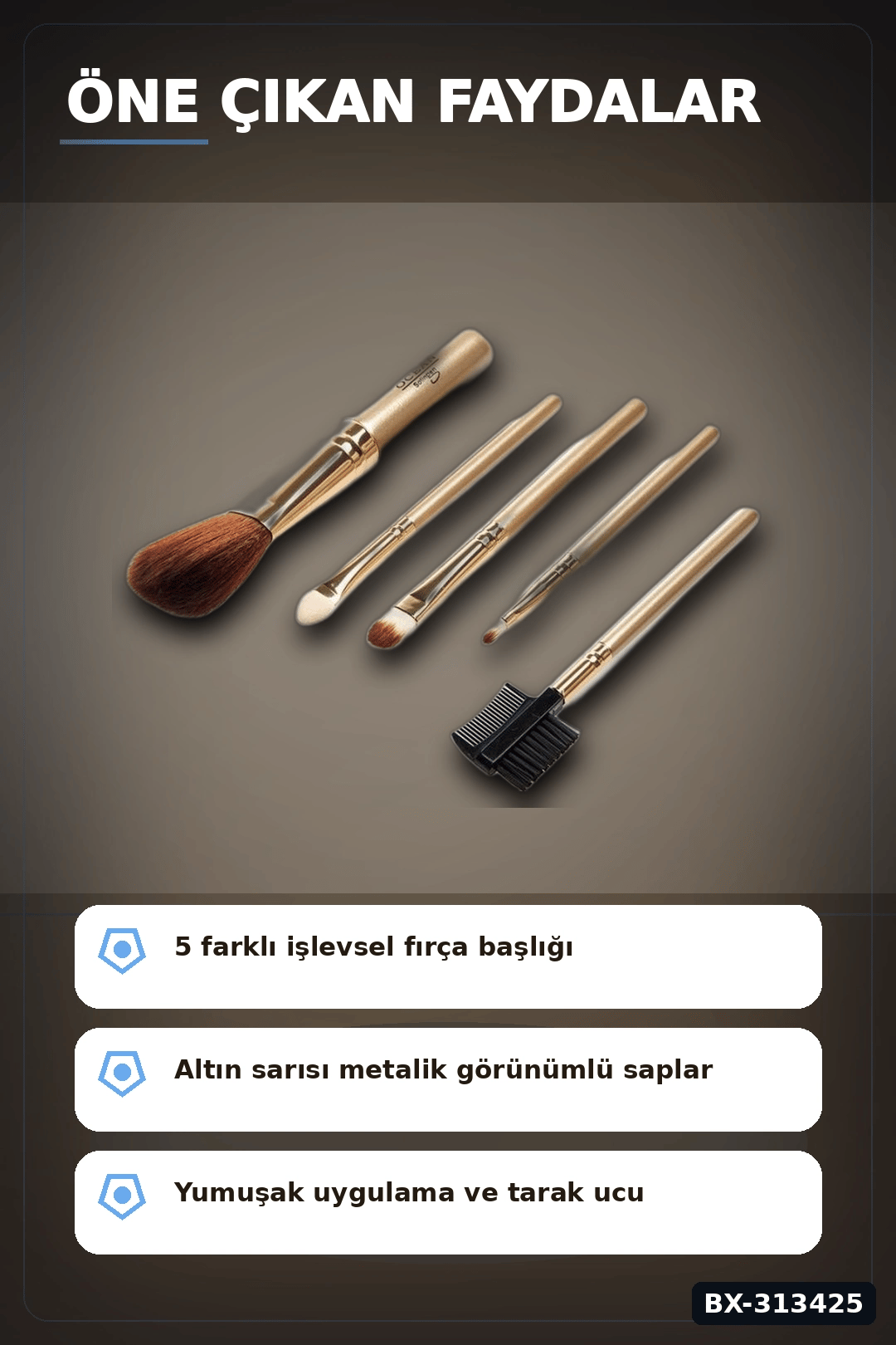 5 Parça Profesyonel Makyaj Fircasi Seti - Sarı Renk Kozmetik Far Allik Fondoten Fircasi BX-313425