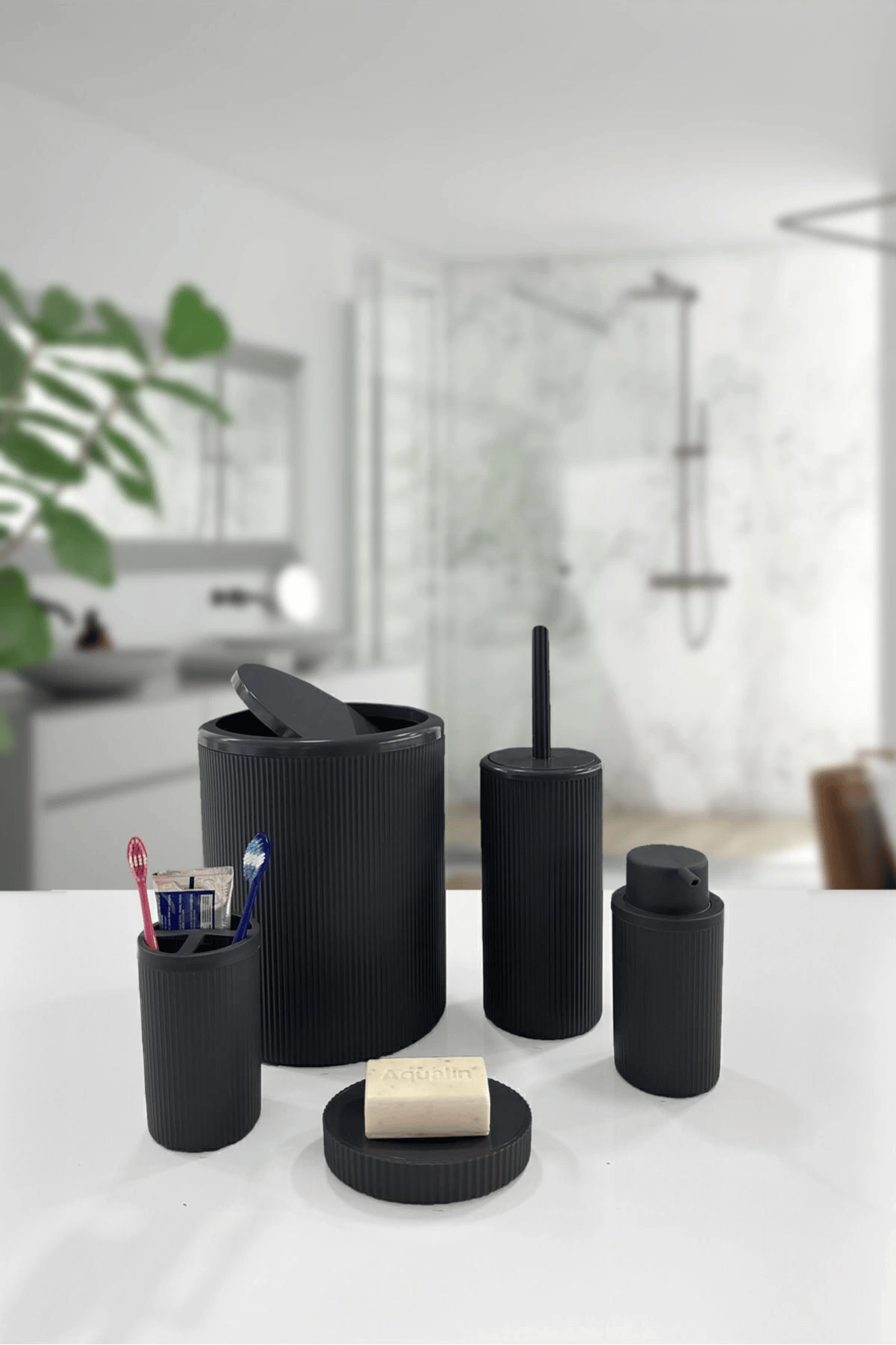 5 Parça Siyah Çizgili Yuvarlak 5'li Eco Banyo Seti Çöp Kovası Tuvalet Fırçası Sabunluk Diş Fırçalık