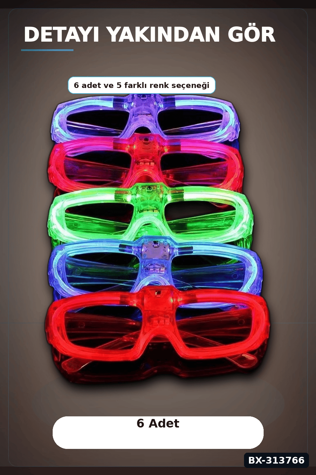 5 Renkli Pilli Led Işıklı Parti Gözlüğü 6 Adet Set - Glow Efektli Gece Aksesuarı BX-313766