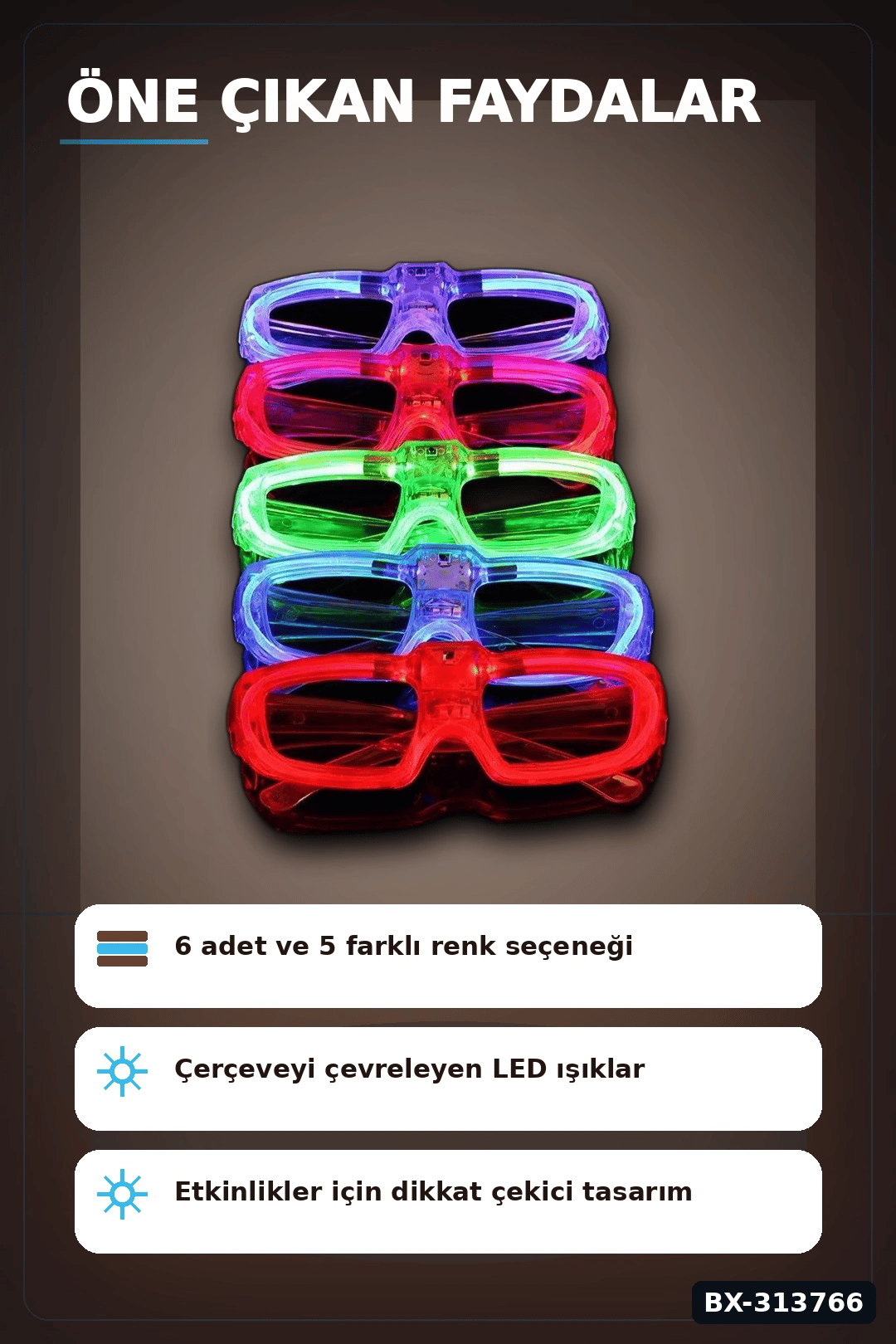 5 Renkli Pilli Led Işıklı Parti Gözlüğü 6 Adet Set - Glow Efektli Gece Aksesuarı BX-313766