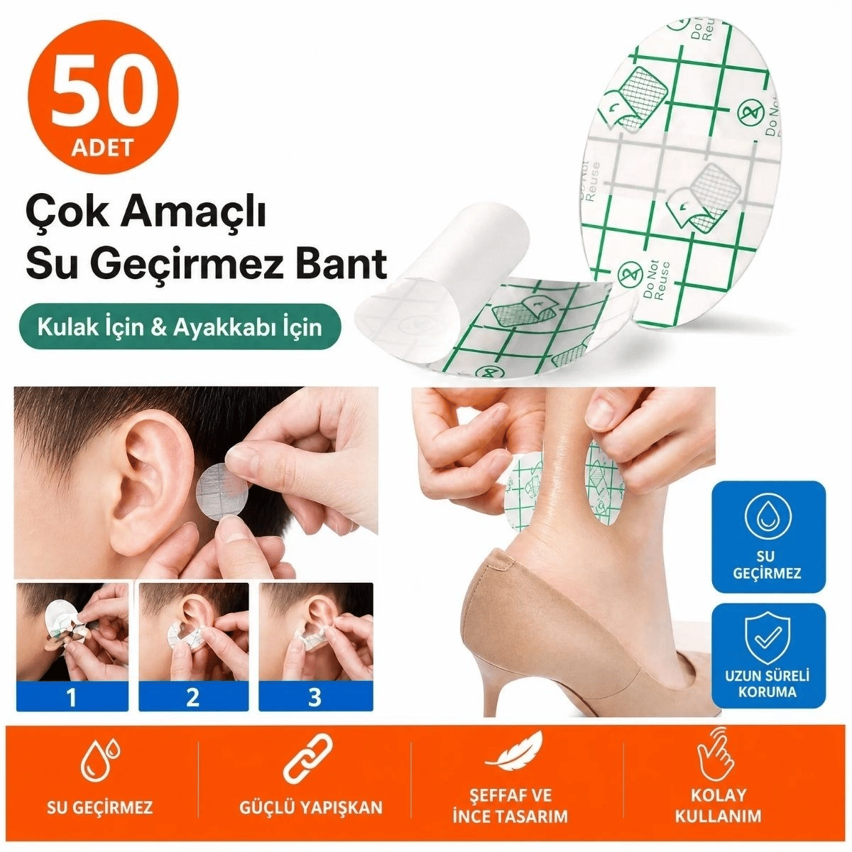 50 Adet Su Geçirmez Kulak Bandı Ve Ayakkabı Vurma Önleyici Bant Seti, Çok Amaçlı Koruyucu Yapışkan Bant Bx40