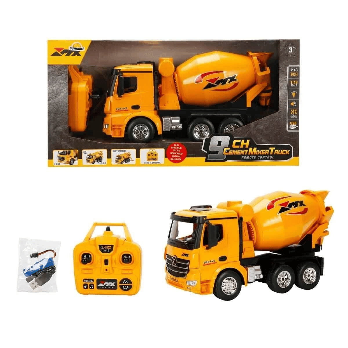 5084 SUN-RST-RC İŞ MAKİNESİ 1 18 BETON MİKSERİ FF 9CH 3 7V USB 2 4 GHZ SESLİ IŞI