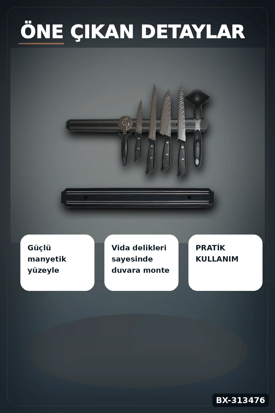 55 Cm Manyetik Bıçak Tutucu - Duvara Monte Çelik Şerit, Mutfak Bıçak Askısı BX-313476
