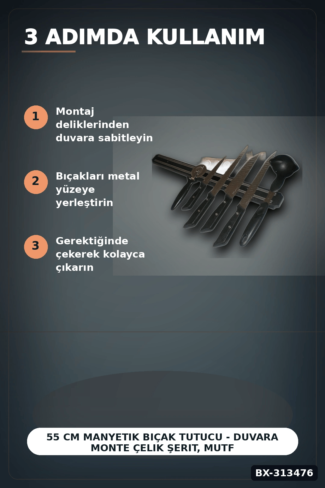 55 Cm Manyetik Bıçak Tutucu - Duvara Monte Çelik Şerit, Mutfak Bıçak Askısı BX-313476