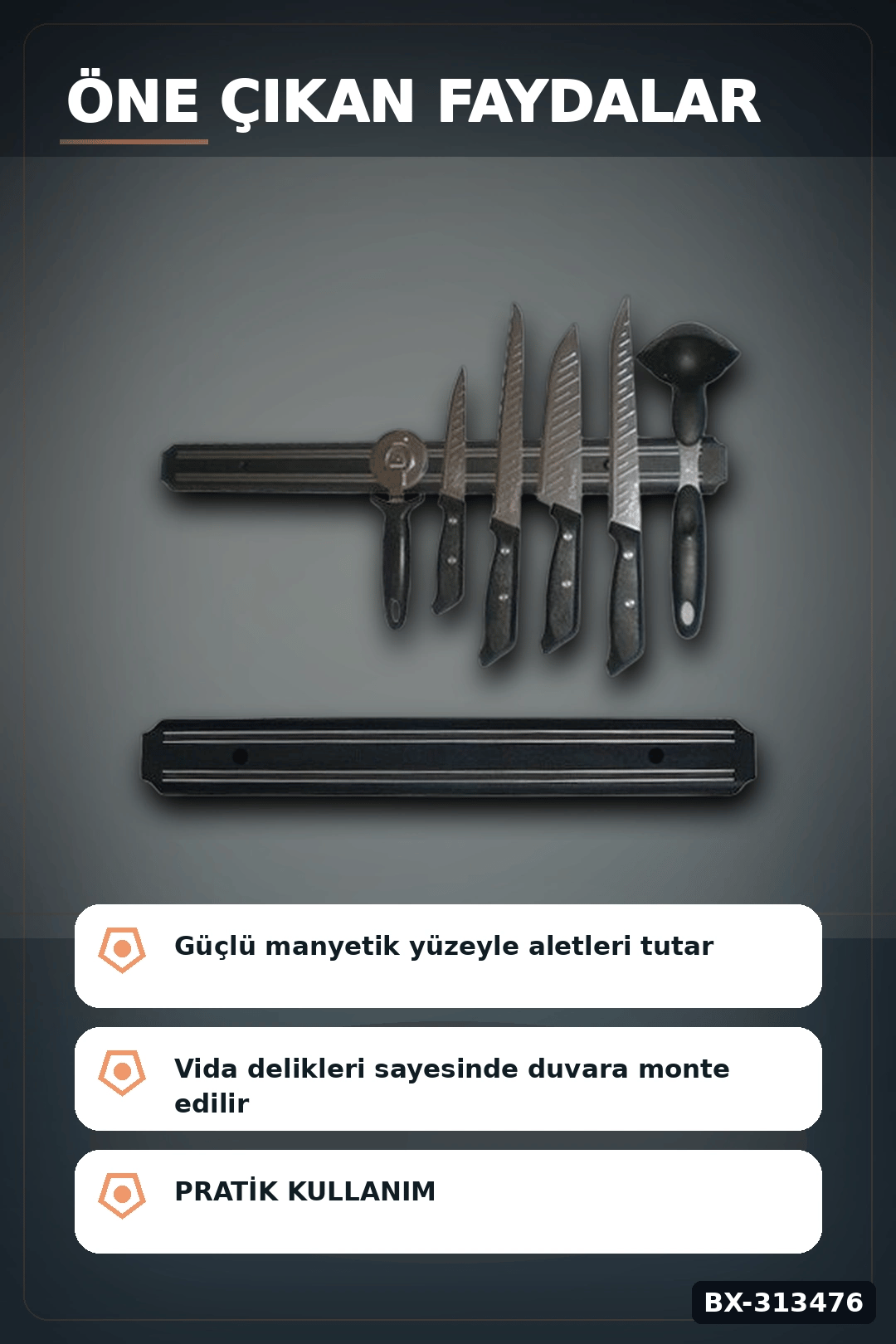 55 Cm Manyetik Bıçak Tutucu - Duvara Monte Çelik Şerit, Mutfak Bıçak Askısı BX-313476