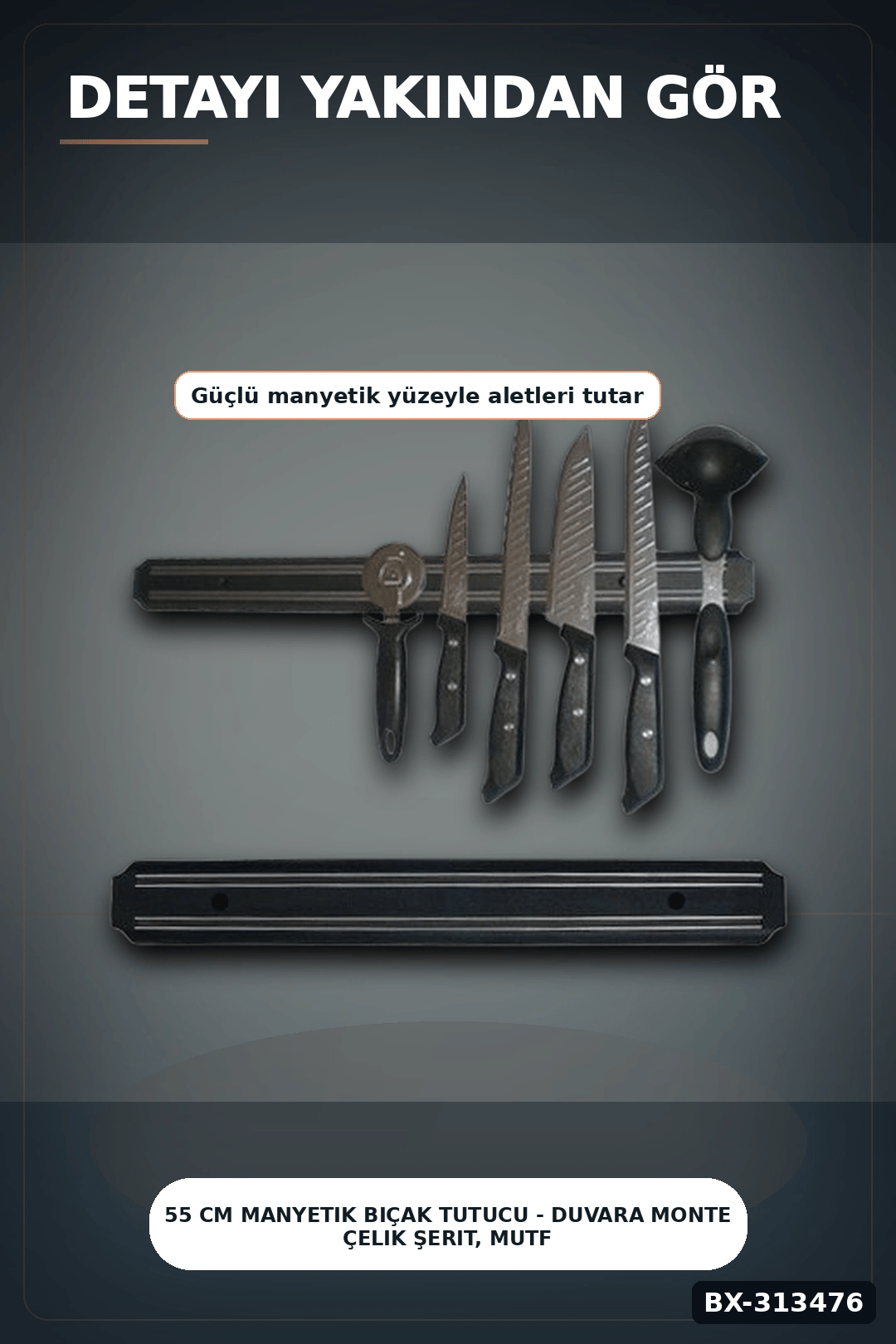 55 Cm Manyetik Bıçak Tutucu - Duvara Monte Çelik Şerit, Mutfak Bıçak Askısı BX-313476