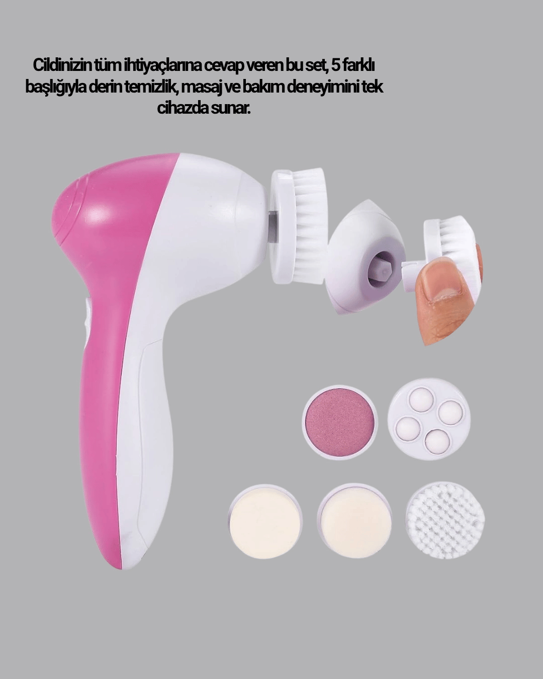 5’i 1 Arada Yüz Temizleme Cihazı – Masaj, Fırça, Peeling ve Krem Uygulama Aparatlı