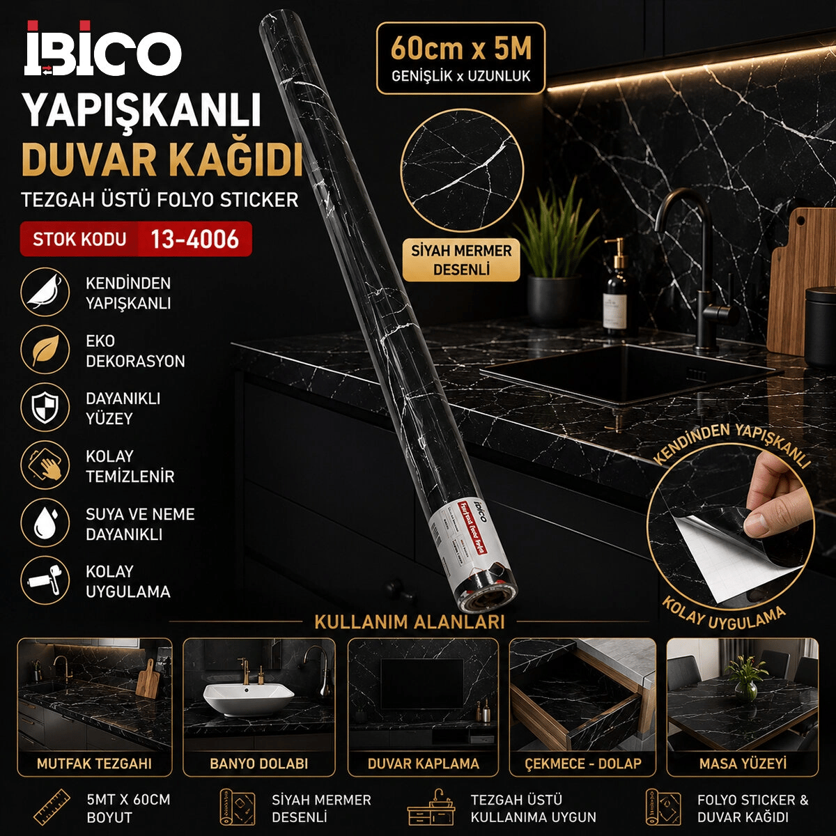 5mt X 60cm Siyah Mermer Desenli Tezgah Üstü Folyo Sticker - Duvar Kağıt Kendinden Yapışkanlı - Eko Dekorasyon - Dayanıklı Bx40