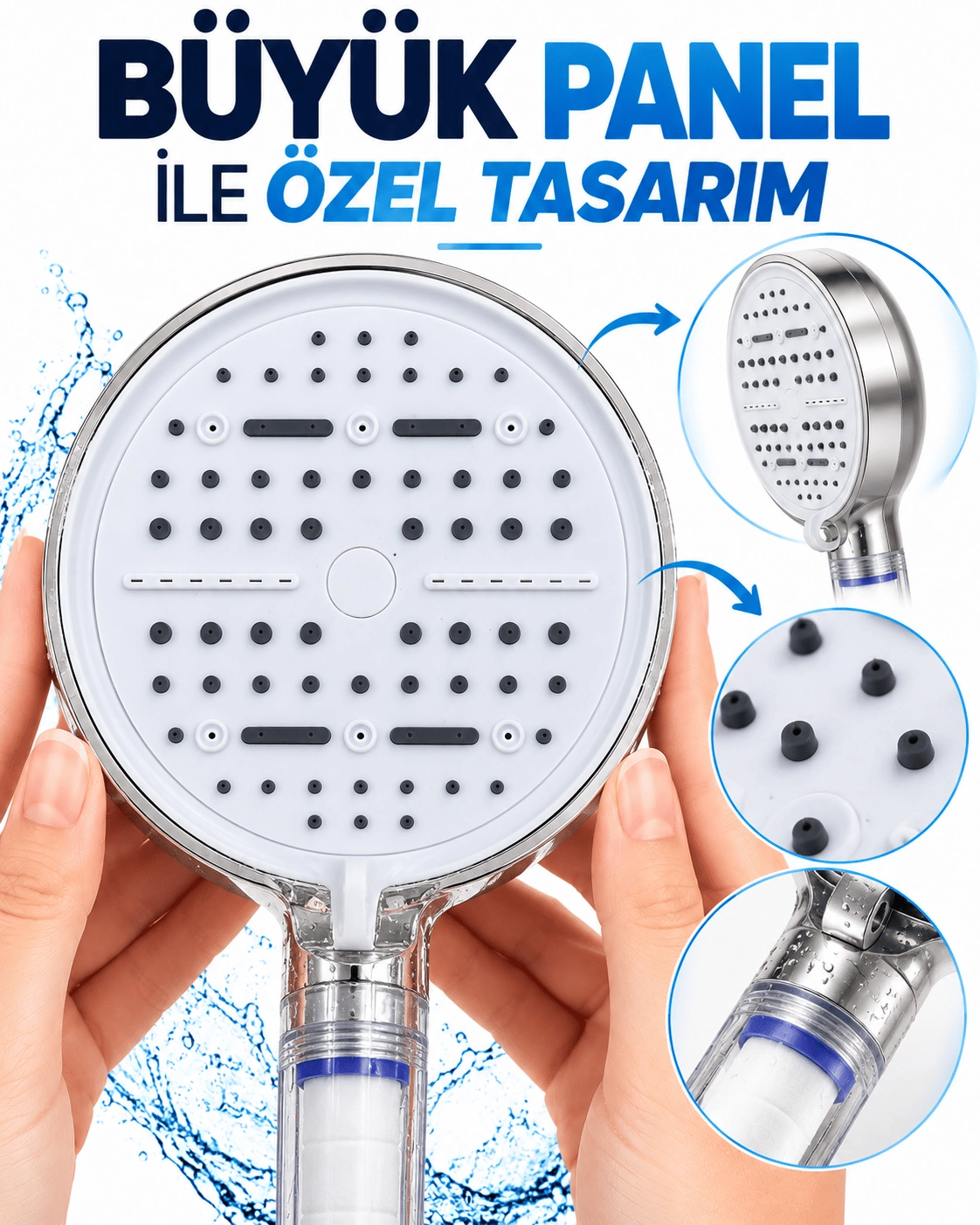 6 Sprey Modlu Filtreli Duş Başlığı Büyük Su Paneli Silikon Nozullu Beyaz Modern Tasarım