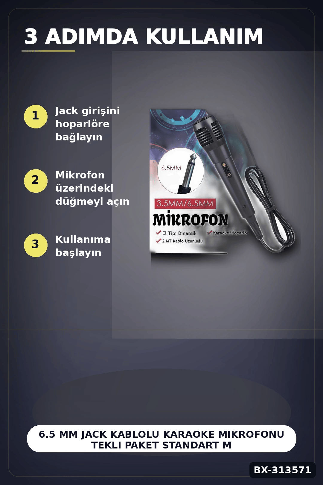 6.5 Mm Jack Kablolu Karaoke Mikrofonu Tekli Paket Standart Model Ses Sistemi Icin BX-313571