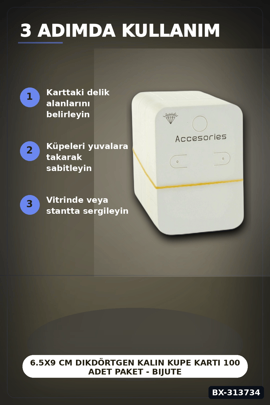 6.5x9 cm Dikdörtgen Kalın Kupe Kartı 100 Adet Paket - Bijuteri Sergileme BX-313734
