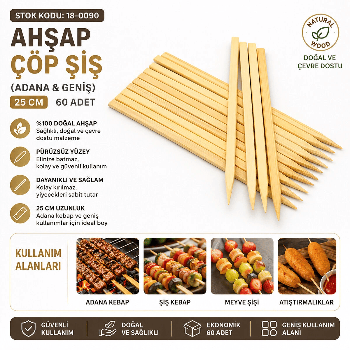 60 Adet Ahşap Geniş Çöp Şiş - Adana Kebap Şişi - 25 cm