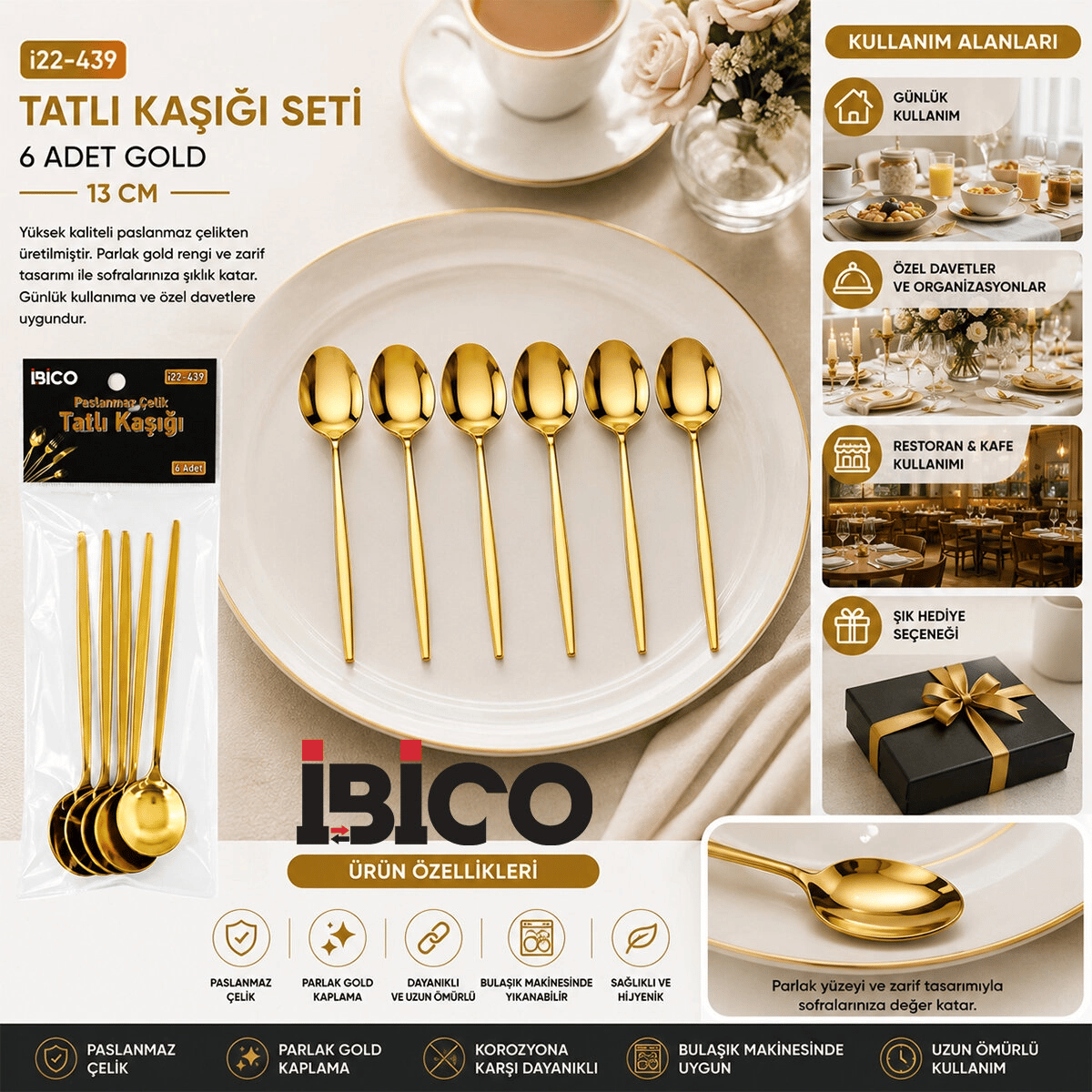 60 Parça Gold Tatlı Kaşık Seti 13cm - 1 Paket İçinde 6 Adet Vardır - 10 Paket Gönderilir Bx40