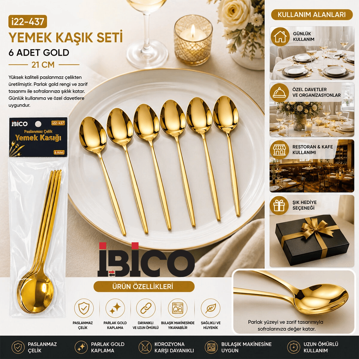 60 Parça Gold Yemek Kaşık Seti 21cm - 1 Paket İçinde 6 Adet Vardır - 10 Paket Gönderilir Bx40