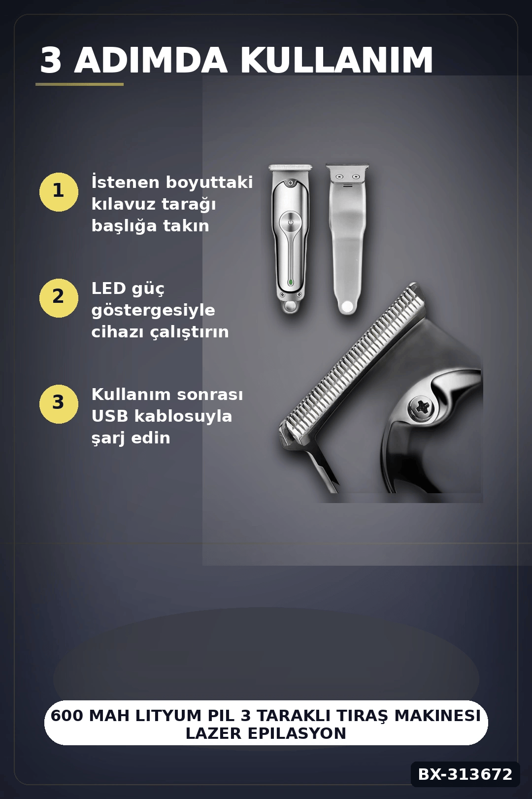 600 Mah Lityum Pil 3 Taraklı Tıraş Makinesi Lazer Epilasyon Öncesi Kısaltma BX-313672