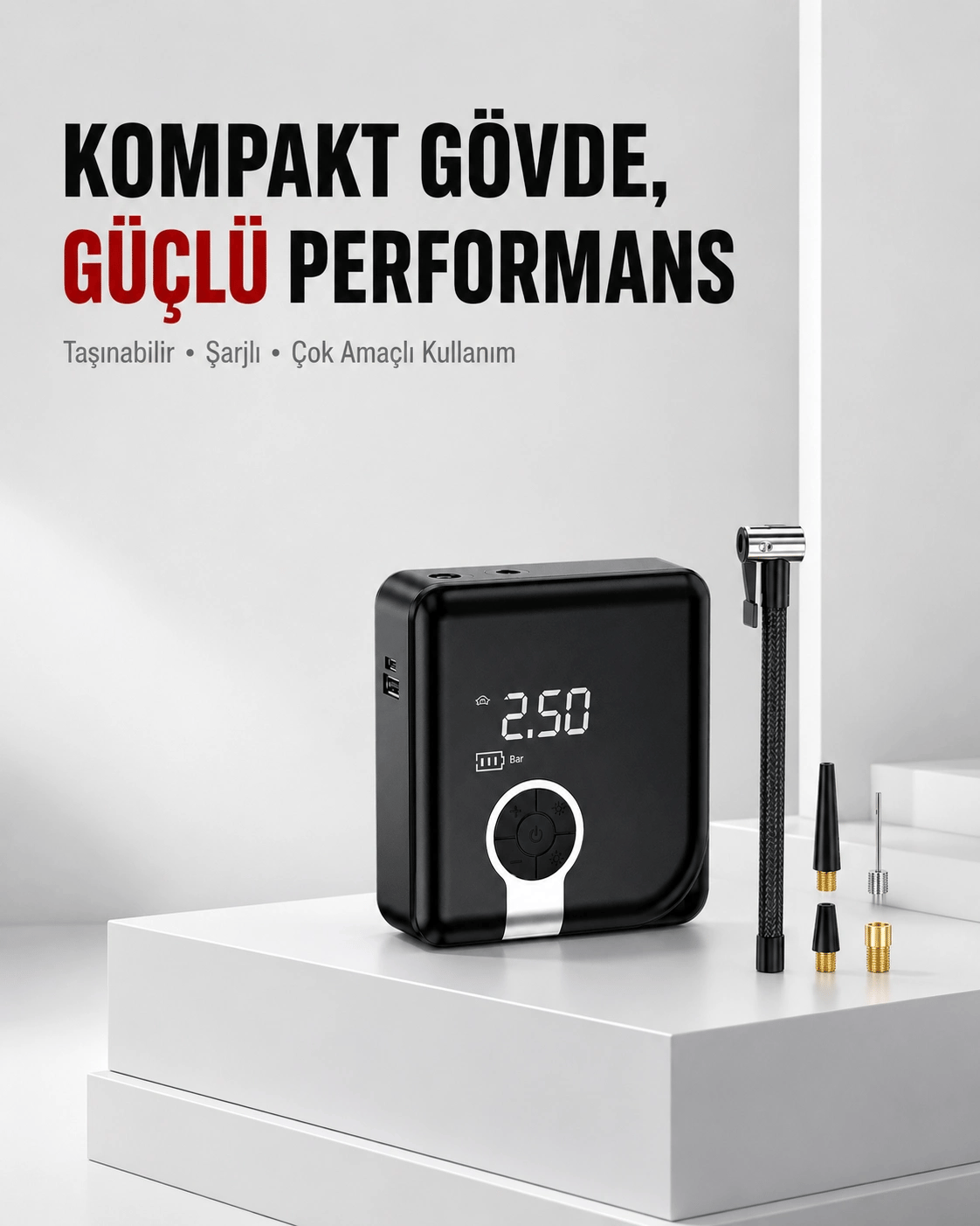 6000mAh Bataryalı Type-C Şarjlı Diyafram Tip Kompresör LED Işıklı
