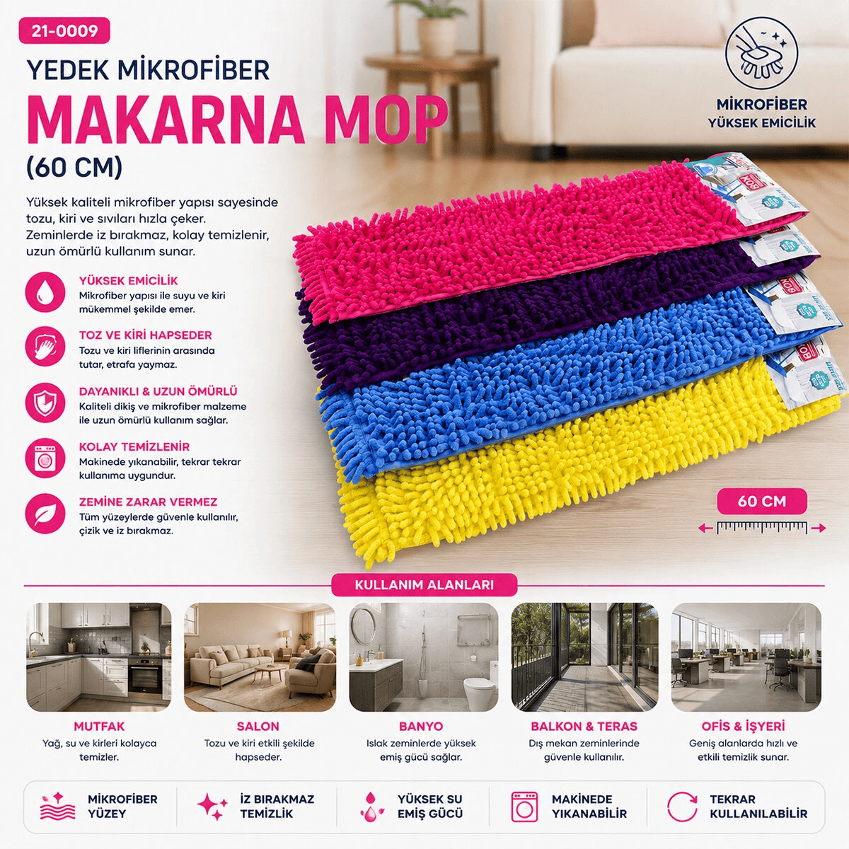 60cm.yedek Mikrofiber Renkli Makarna Mop Bx40