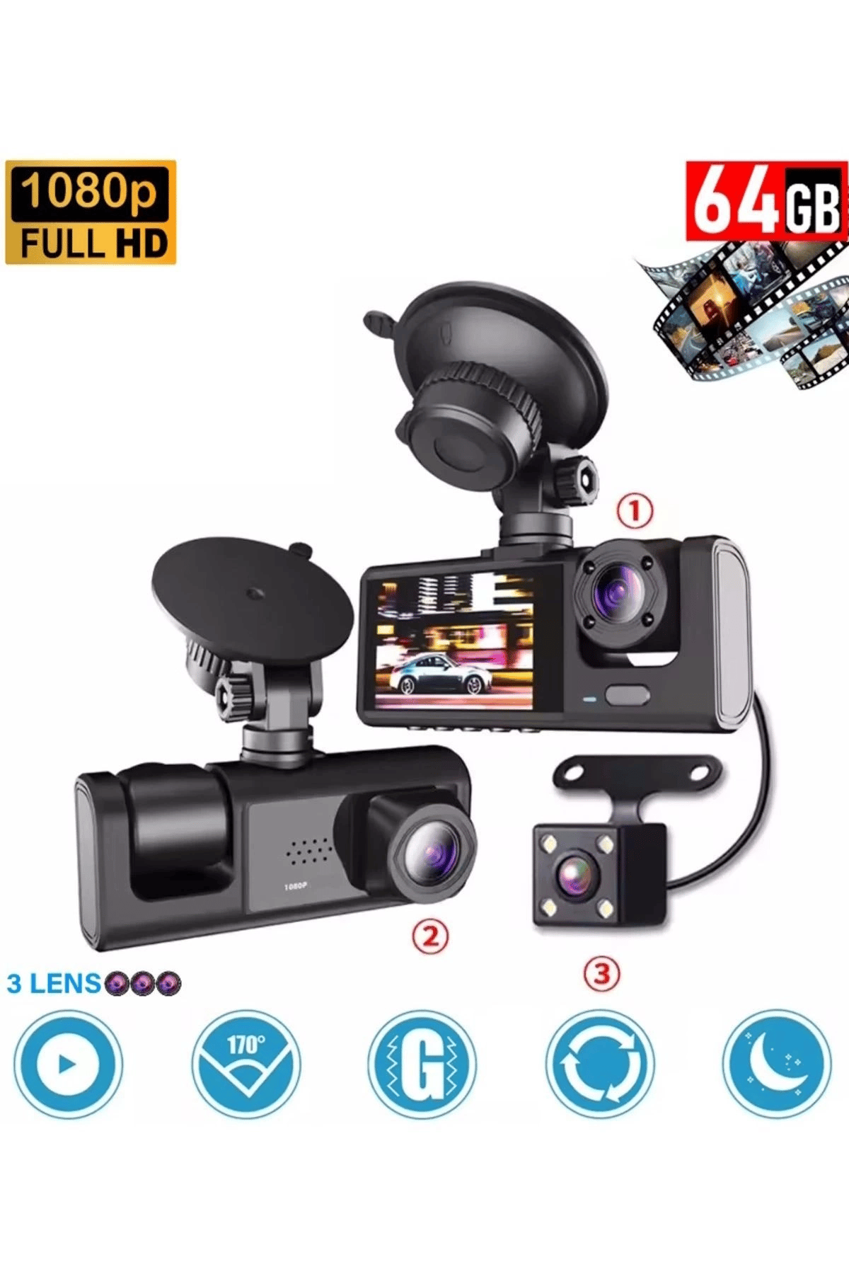 64GB Araç İçi Kamera 3 Kameralı (Yol + Araç İçi+ Arka) FHD Video Kayıt Mikrofonlu Türkçe CC-33