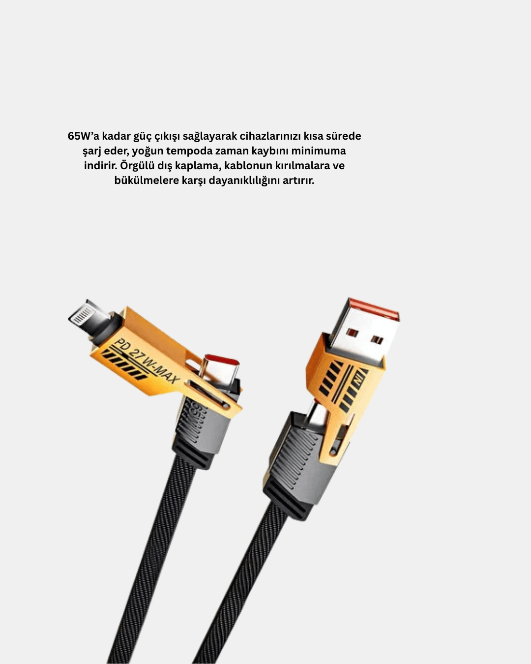 65W 4’ü 1 Arada Örgülü Hızlı Şarj Kablosu USB-C USB-A Çoklu Şarj Dayanıklı