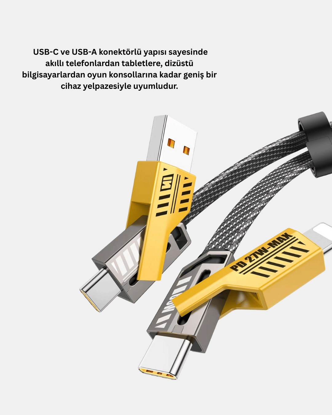 65W 4’ü 1 Arada Örgülü Hızlı Şarj Kablosu USB-C USB-A Çoklu Şarj Dayanıklı