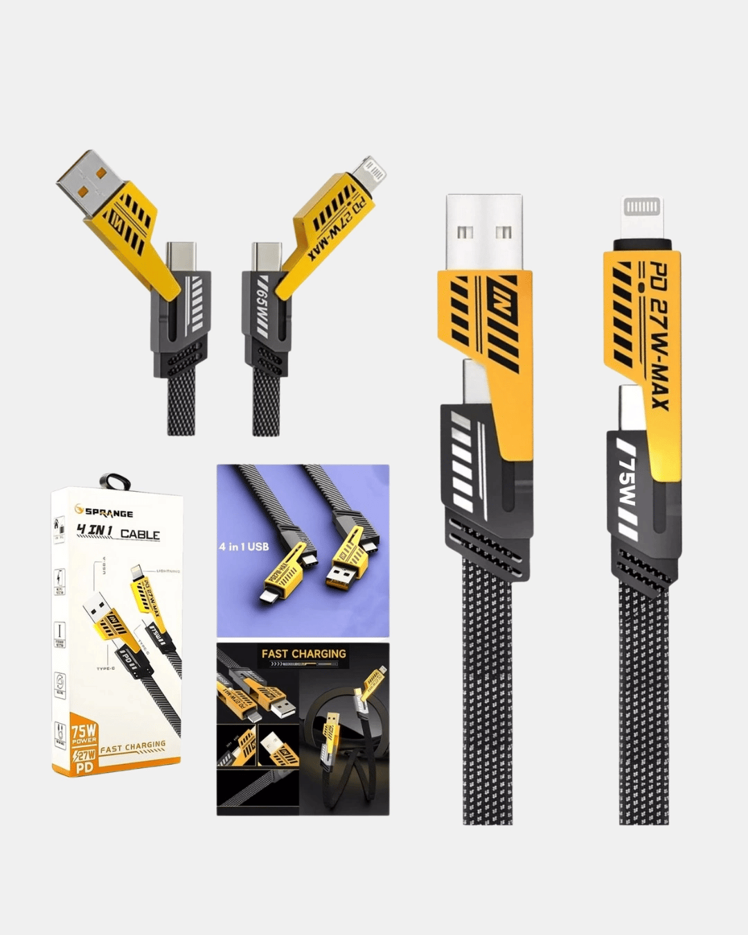 65W 4’ü 1 Arada Örgülü Hızlı Şarj Kablosu USB-C USB-A Çoklu Şarj Dayanıklı