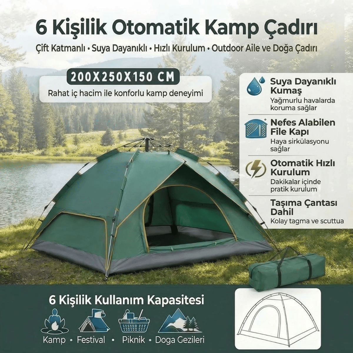 6 kişilik Otomatik Kamp Çadırı – Çift Katmanlı, Suya Dayanıklı, Hızlı Kurulum Outdoor Aile Ve Doğa Çadırı 200x250x150 Cm Bx40