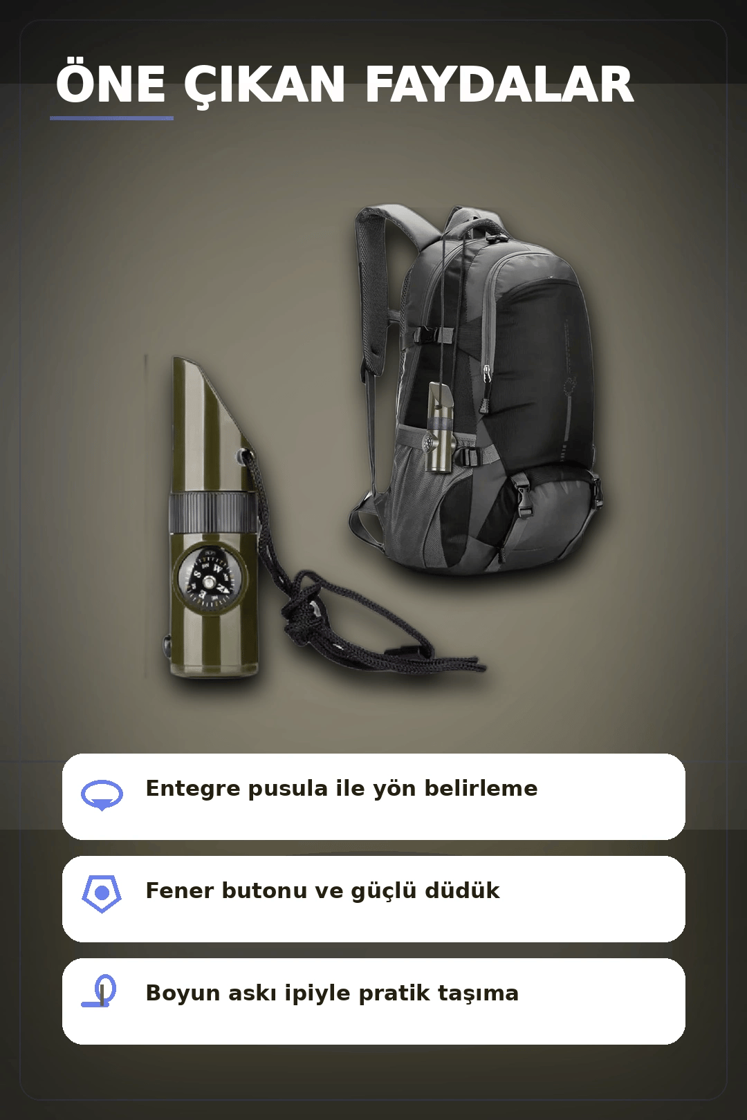 7 Fonksiyonlu Acil Durum Düdüğü El Feneri Pusula Termometre Kampçı Düdüğü 1 Adet BX-313448