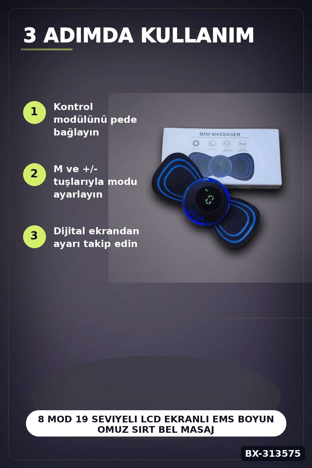8 Mod 19 Seviyeli LCD Ekranlı EMS Boyun Omuz Sırt Bel Masaj Bandı USB Şarjlı BX-313575