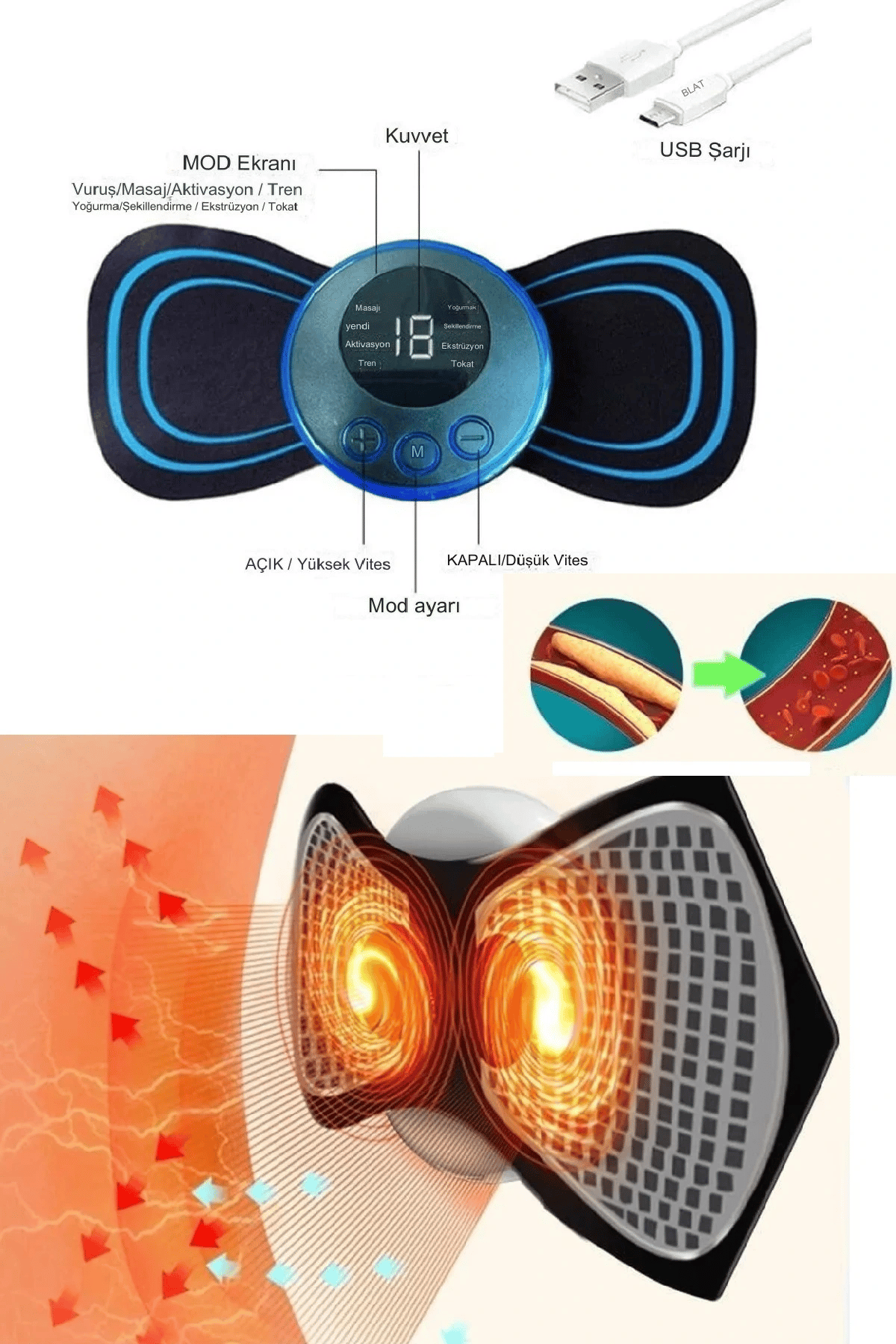 8 Modlu Mini Şarjlı Kelebek LCD Ekran Ems Boyun Omuz Kol Sırt Elektrikli Masaj Bantı Kas Stimülatörü