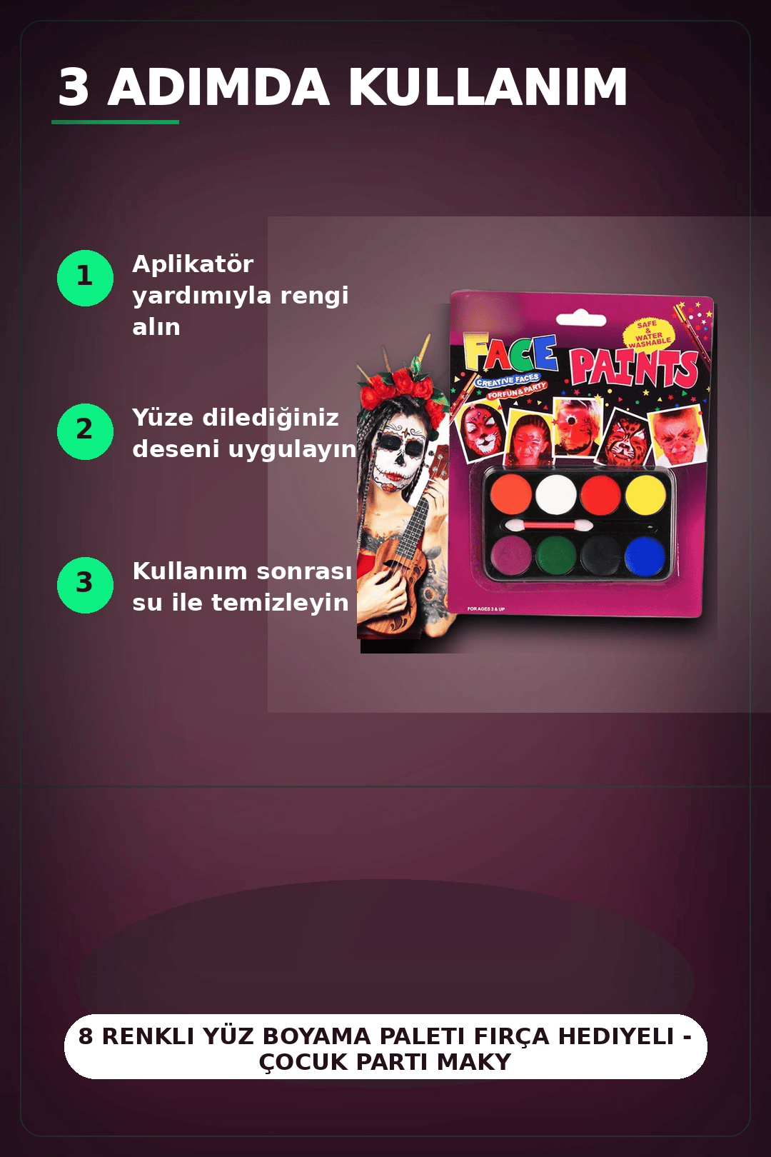 8 Renkli Yüz Boyama Paleti Fırça Hediyeli - Çocuk Parti Makyaj Seti 1 Adet BX-313451