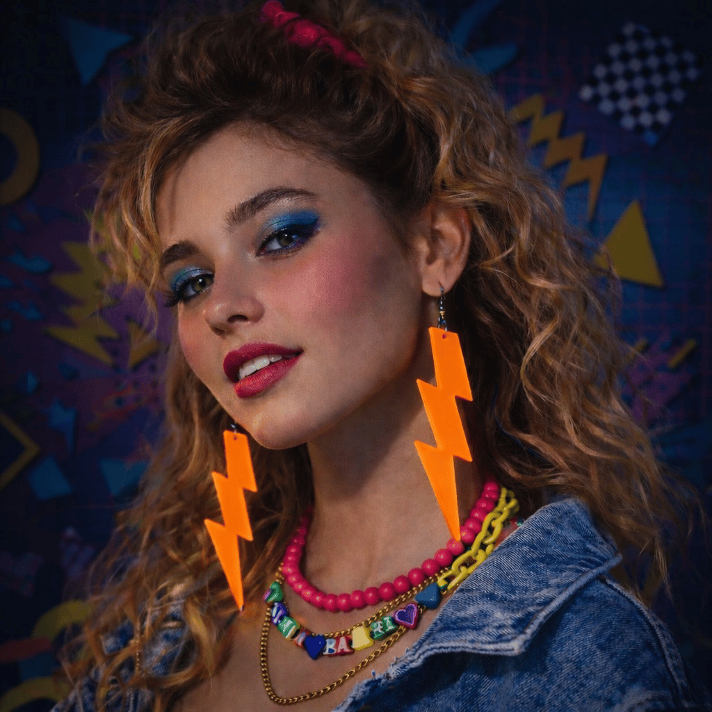 80’ler 90'lar Retro Neon Turuncu Şimşek Küpe 10 Cm Bx40