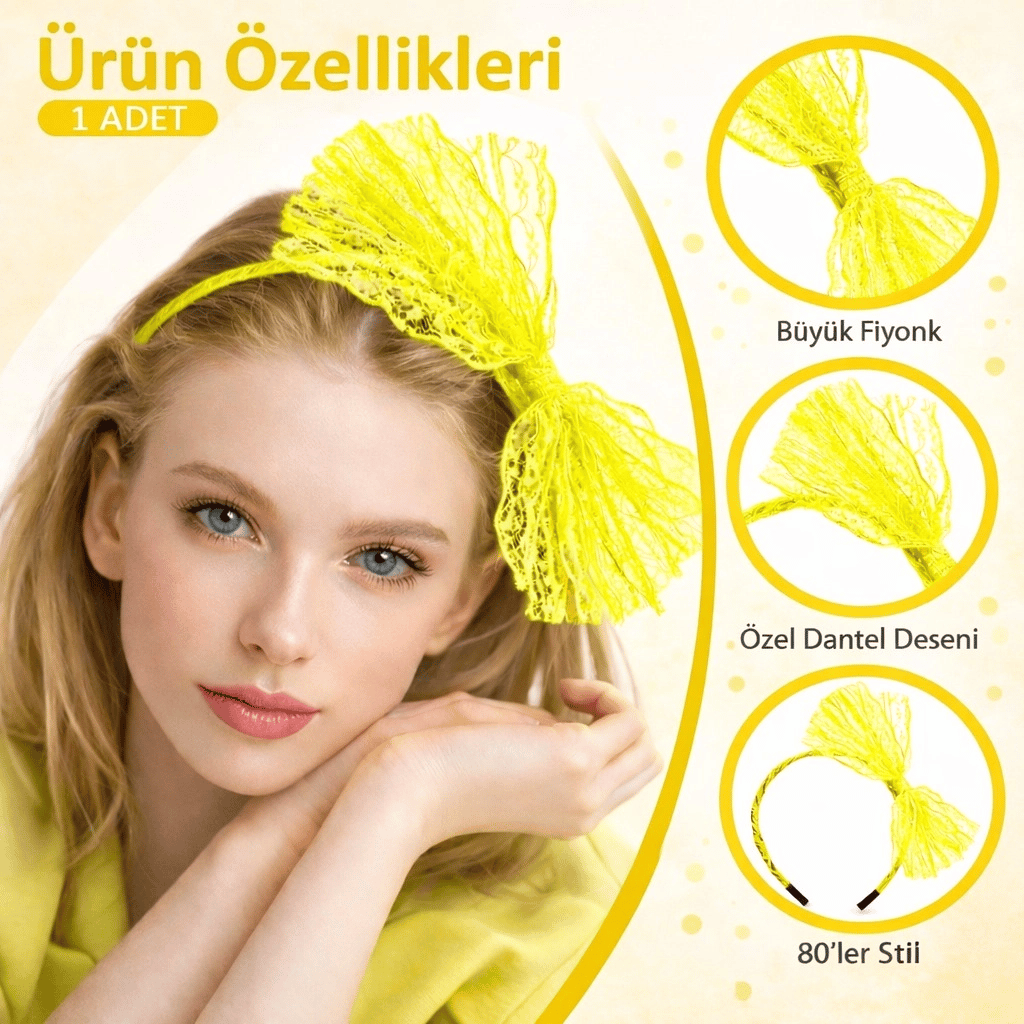 80’ler 90’lar Neon Sarı Dantel Taç Fiyonklu Bx40