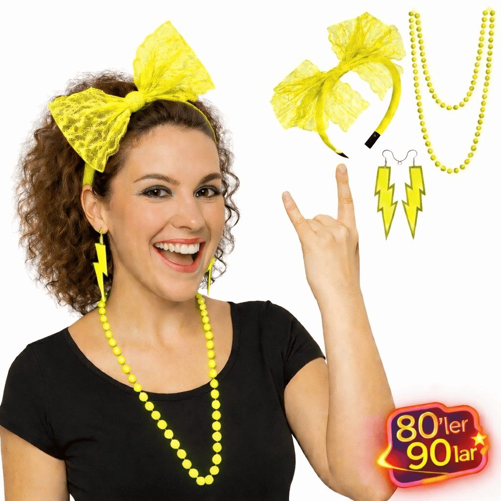 80’ler 90’lar Neon Sarı Parti Seti – Kolye Küpe Taç Bx40