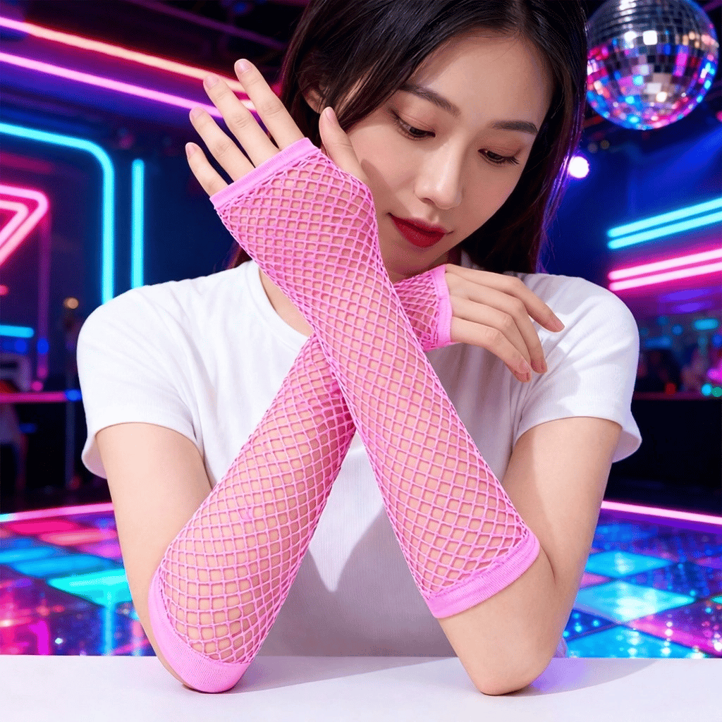 80’ler 90’lar Retro Neon Pembe File Parmaksız Eldiven 26 Cm Bx40